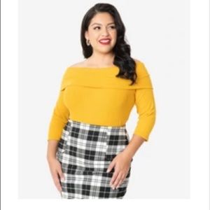 Unique Vintage Plus Size Mustard Off-The-Shoulder Cowl “Nina” Top